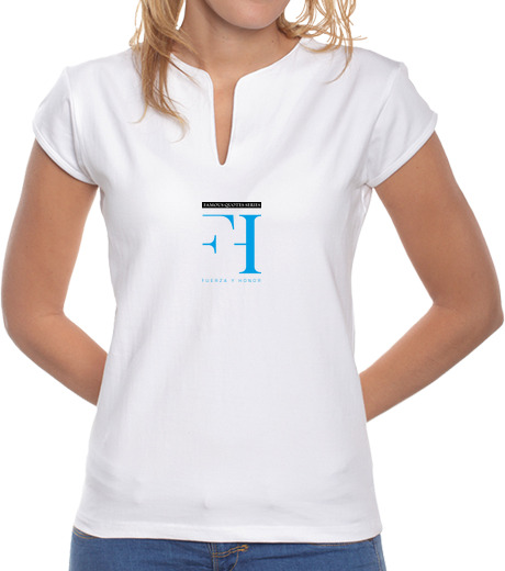 Image of woman, mandarin collar, white 2 sides. the benefits of this garment will go entirely to the soltra f