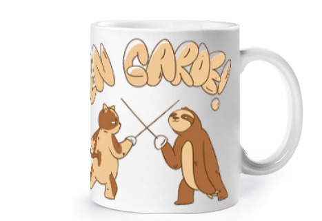 Image of fencing cat and sloth on guard cup coffee tea cocoa milk croissants herbal infusion
