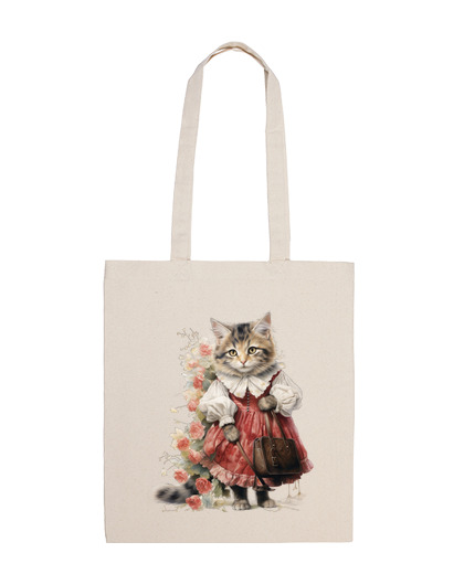 Image of dressed cat vintage cottagecore pussy school bag student beach tote