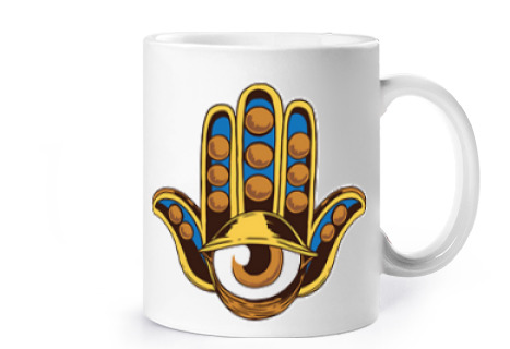 Image of hamsa hand symbol of tranquility cup coffee infusion herbal tea