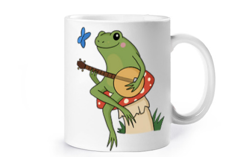 Image of frog playing banjo cottagecore cup coffee tea croissants herbal tea milk infusion