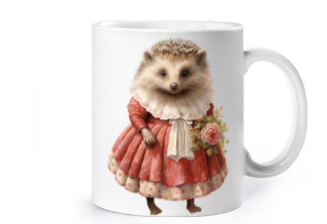 Image of female hedgehog evening dress cup coffee tea herbal tea croissants infusion