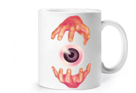 Image of hands framing an eye surrealism science fiction cup coffee tea croissants