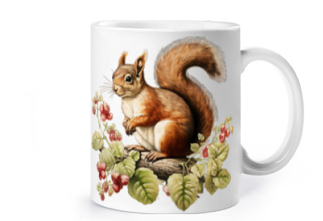Image of red squirrel eats hazelnuts cup coffee tea cottagecore