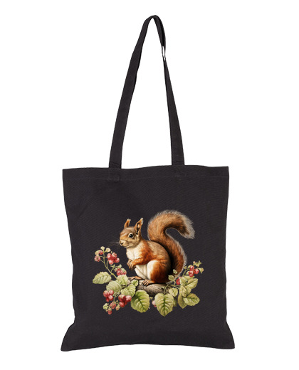 Image of red squirrel eats hazelnuts cute boho stroller bag tote cottagecore