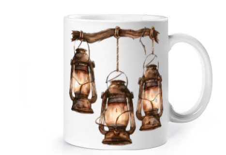 Image of old storm lamp film cup coffee tea croissants farm herbal tea
