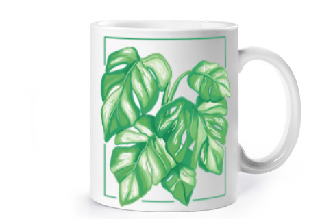 Image of monstera variegata green plant leaf cup coffee tea croissants herbal tea