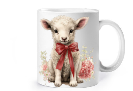 Image of lamb sheep cottagecore cup coffee tea croissants cocoa milk herbal tea infusion flowers bow tie