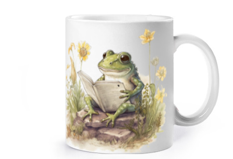 Image of reading frog reading book bookstore cup coffee tea croissants milk spread cottagecore