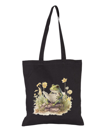 Image of reader frog reading book bookstore bag books notebook notebook diary tote cottagecore