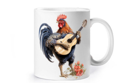 Image of rooster crowing bluegrass farm hen cup coffee tea herbal infusion milk croissants