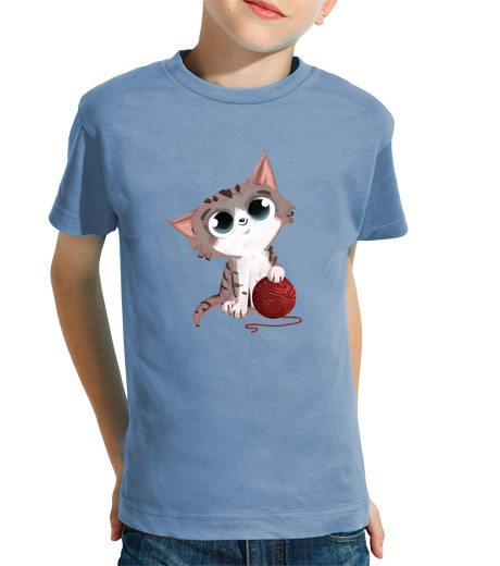 Tee Shirt Pour Enfant Manche Courte chat avec pelote de laine