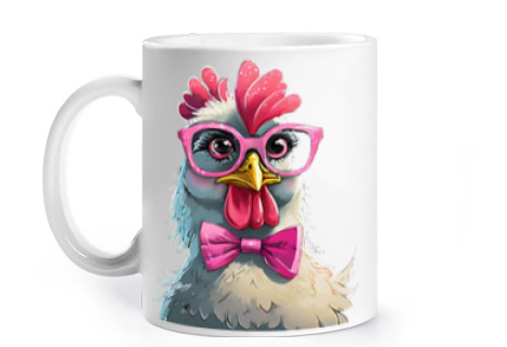 Image of funny hen with pink glasses cup coffee tea infusion to personalize