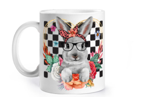 Image of rabbit with black glasses fashion flowers cup coffee tea to personalize heart lovers love