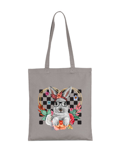 Image of rabbit with black glasses fashion flowers student bag e-reader diary tote heart lovers love