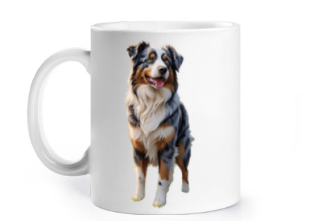 Image of tricolor australian shepherd dog dog cup coffee tea to personalize croissants infusion herbal tea