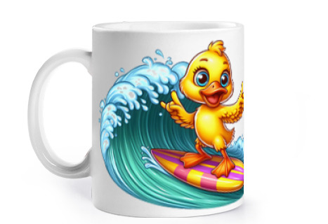 Image of yellow duckling surfing drawing cup coffee tea duck cane