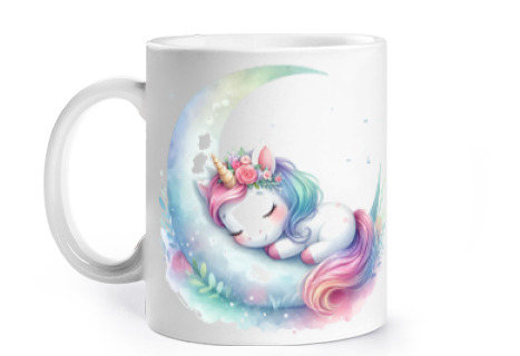 Image of unicorn sleeping on the moon phases cup to personalize coffee tea croissants