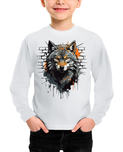 Camiseta Niño Manga Larga cabeza de lobo acuarela con toque naran laTostadora