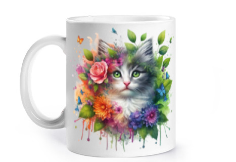 Image of kitten crown of pink flowers personalized cup coffee tea organic infusion