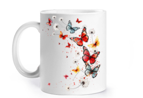 Image of butterflies dandelion flower romantic cup to personalize coffee tea croissants infusion herbal tea