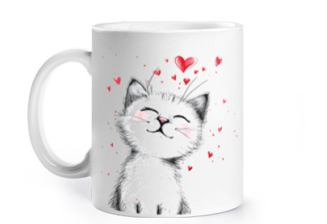 Image of cute kitten with kawaii hearts cup to personalize coffee tea infusion croissants