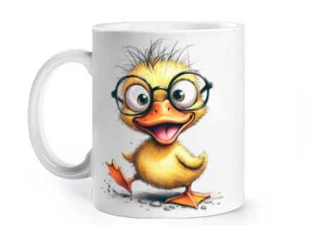 Image of gum yellow duck humor funny cup coffee tea croissants infusion