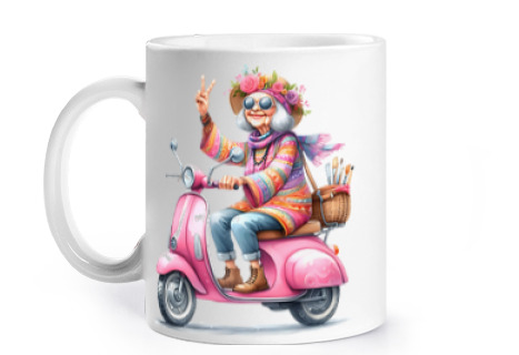 Image of grandma hippie scooter pink cup to personalize coffee tea infusion croissants herbal tea
