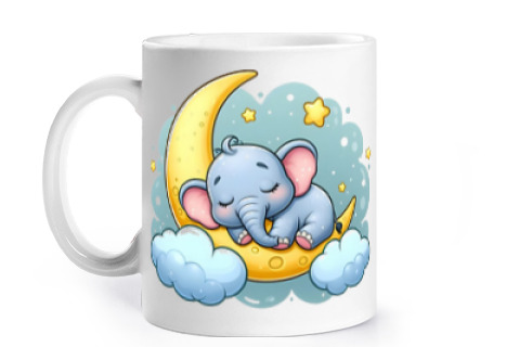Image of baby elephant who sleeps on the moon cup to personalize coffee tea milk cocoa croissants