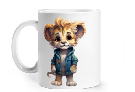 Image of lion child in denim jacket s kid idea cup to personalize coffee tea national infusion