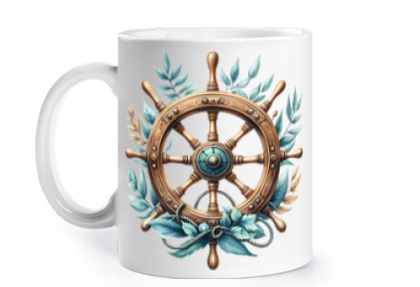Image of old vintage boat steering wheel wheel cup to personalize coffee tea association club racing