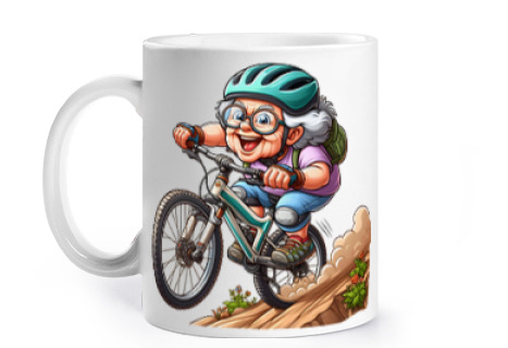 Image of grandmother rides a bike humor cartoon cup to personalize coffee tea infusion