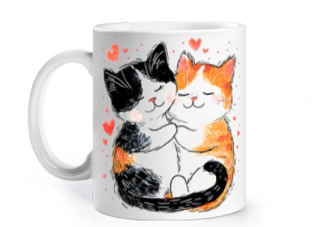 Image of ginger black cat hugging cats kittens cup to personalize coffee tea croissants infusion herbal tea m