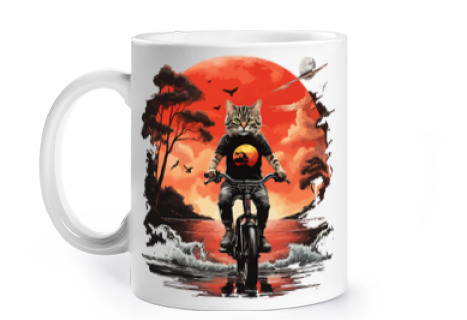 Image of cat riding a bike sunset cup to personalize coffee tea croissants infusion herbal tea milk