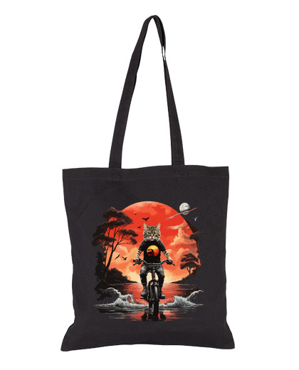 Image of cat riding a bike sunset student bag diary e-reader shopping tote