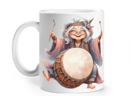 Image of hippie grandmother percussion drums cup to personalize coffee tea infusion croissants herbal tea