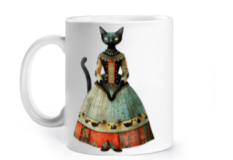 Image of black cat princess vintage queen cup to personalize coffee tea infusion palace castle courtyard