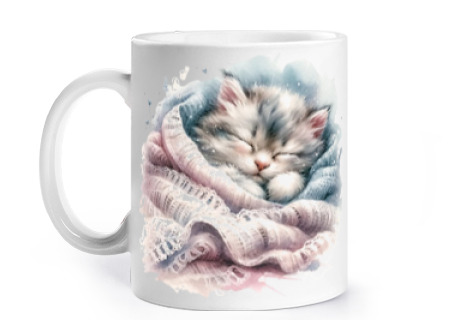 Image of kitten sleeping in wool blanket cup to personalize coffee tea infusion croissants herbal tea