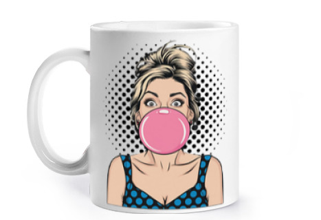 Image of woman bubble gum fun funny cup to personalize coffee tea infusion croissants pink new trend