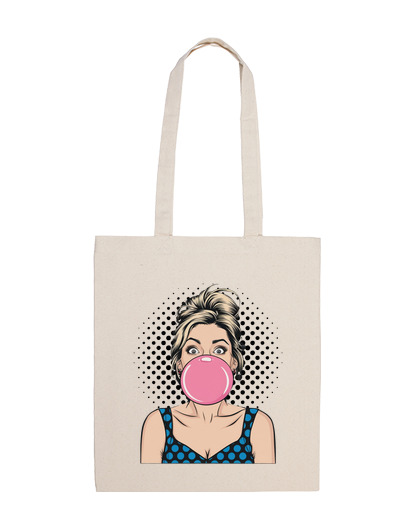 Image of woman bubble gum fun funny student bag diary shopping e-reader tote