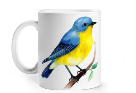 Image of titmouse bird on a blue branch cup to personalize coffee tea birdhouse feeder