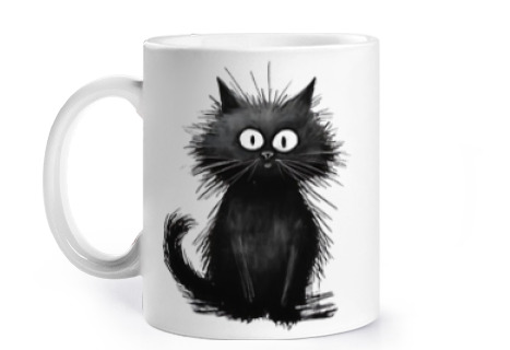 Image of drawing of an animated black cat course price cup to personalize coffee tea infusion croissants herb