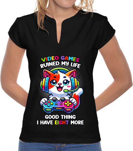 Tee Shirt Femme Col Mao les jeux vidéo ont ruiné ma vie heureus