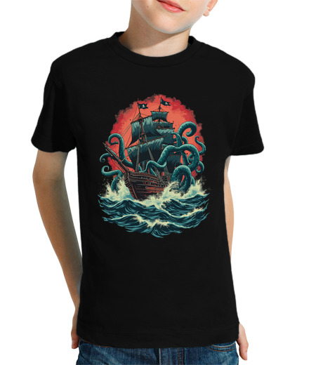 Tee Shirt Pour Enfant Manche Courte bateau pirate kraken océan bataille mon