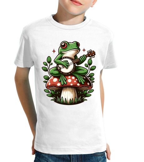 Tee Shirt Pour Enfant Manche Courte Grenouille cottagecore jouant du banjo