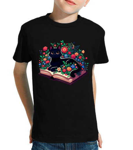 Tee Shirt Pour Enfant Manche Courte chat fleuri et livres