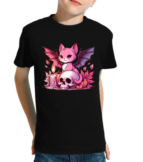 Tee Shirt Pour Enfant Manche Courte chat vampire gothique rose pastel kawai