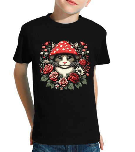 Tee Shirt Pour Enfant Manche Courte cottagecore chat floral nature love r