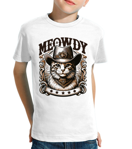 Tee Shirt Pour Enfant Manche Courte jeu de mots drôle de chat cowboy miaou