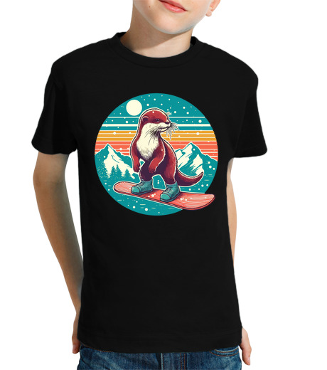 Tee Shirt Pour Enfant Manche Courte snowboarder rétro otter